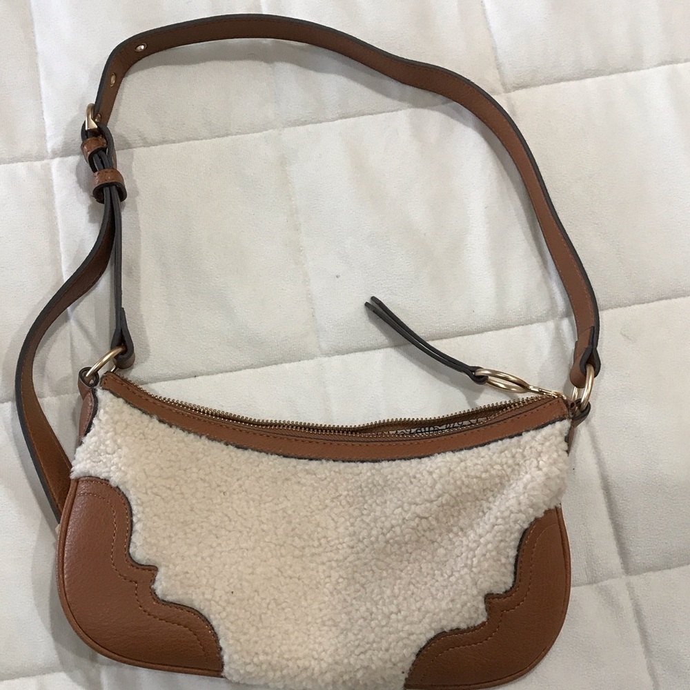 Jessica Simpson Tan Leather and Cream Sherpa Shoulder Bag
